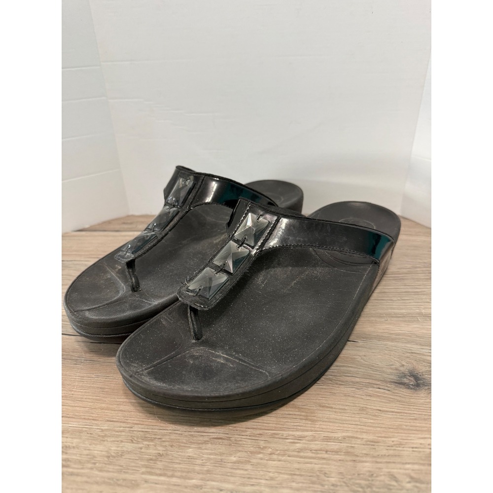 FitFlop Rokkit Black Patent Crystal Thong Sandals 051-001 Womens 9